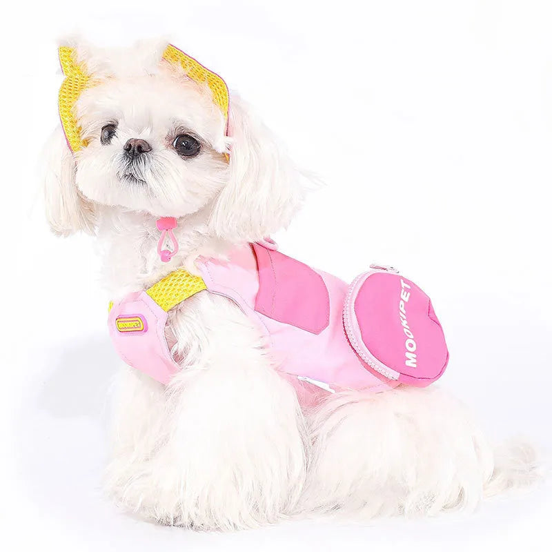 Pink polyester pet vest for small dog breeds on mannequin showing casual pull-on style