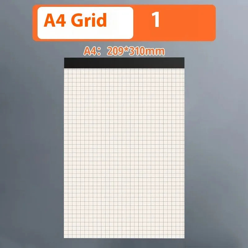 Set of A5, B5 and A4 writing pads showing blank, grid and horizontal line page styles.