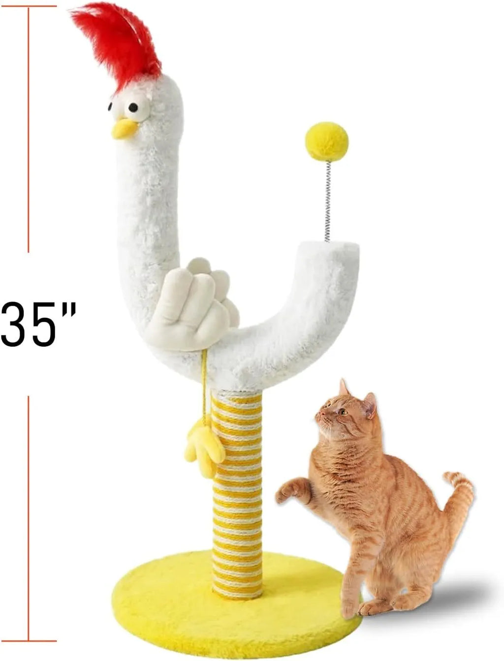 Yellow vertical sisal cat scratching post with U-shaped design and spring ball.