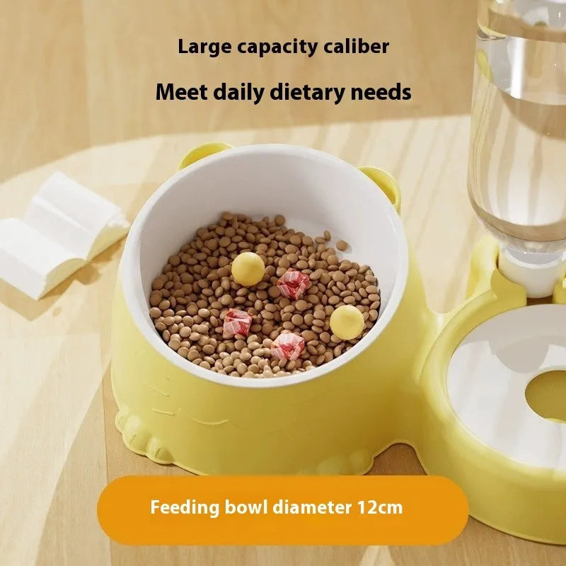 Double bowl automatic cat water fountain with stainless steel basin and ceramic bowls in various colours.