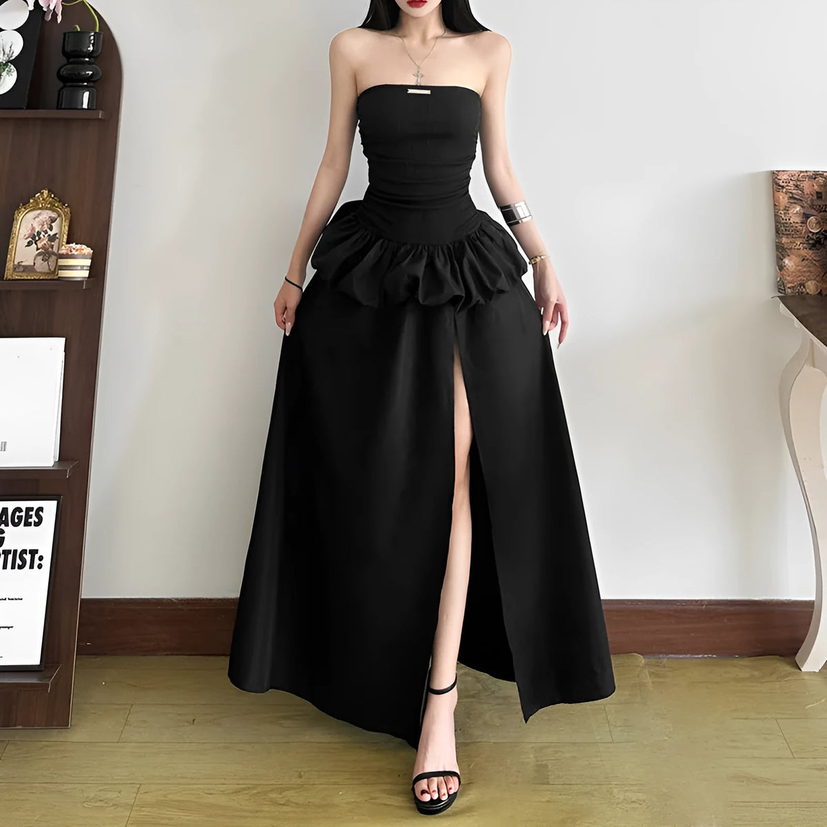 Solid colour slim-fit high waist off-neck split A-line long dress in black for women