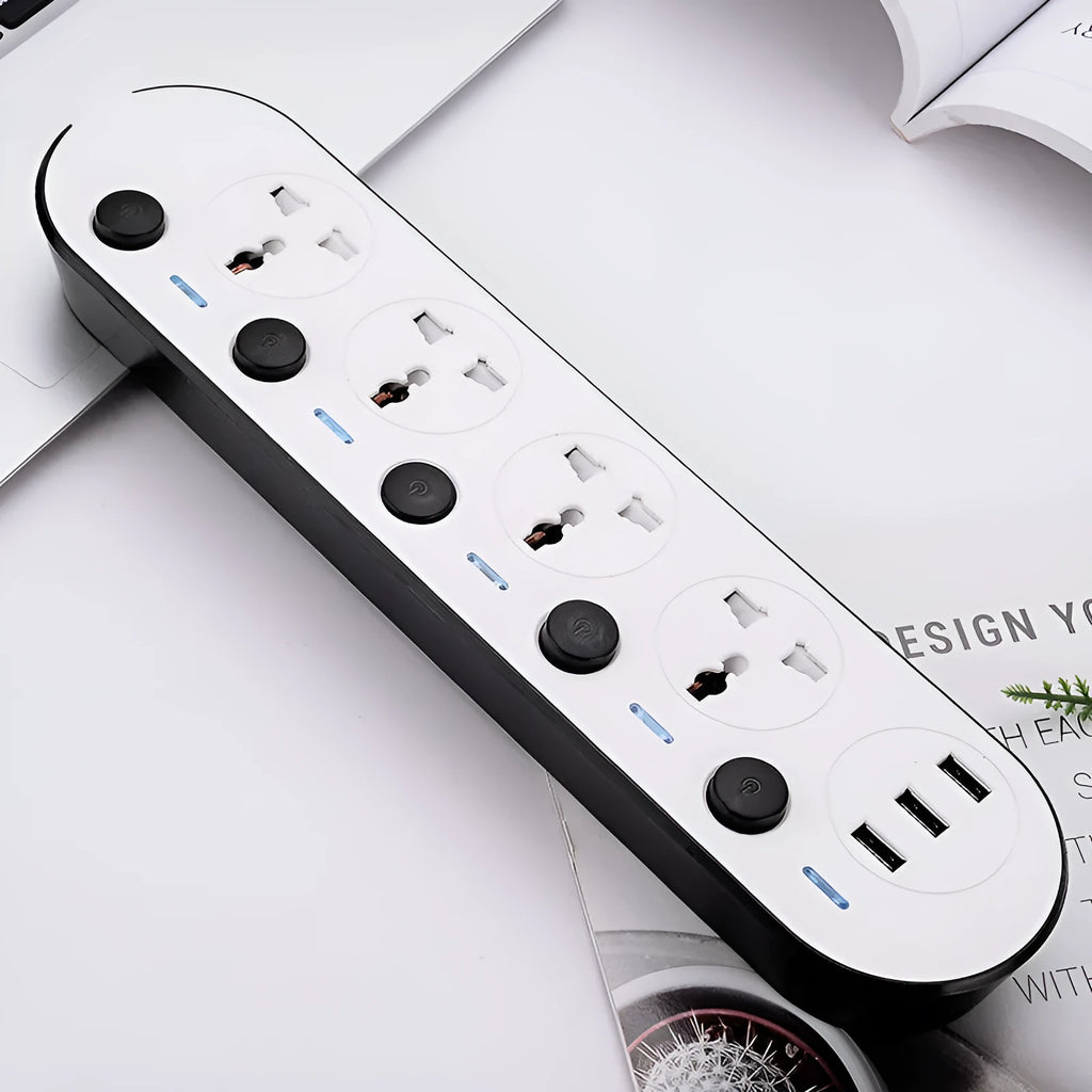 Multi-switch power strip with USB ports showing UK, US, and EU plug options and a coiled cable.