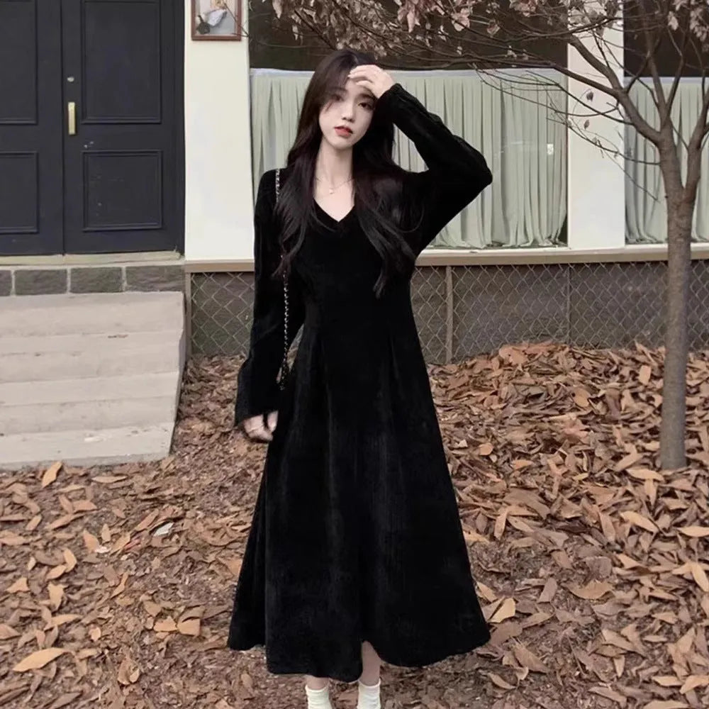Women's V-neck knitted dress sweater in polyester with long skirt and princess sleeves