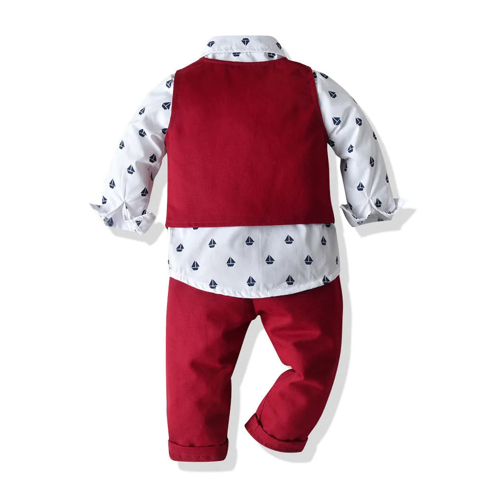 Boys children's long-sleeved shirt vest and pants suit in red cotton single-breasted design
