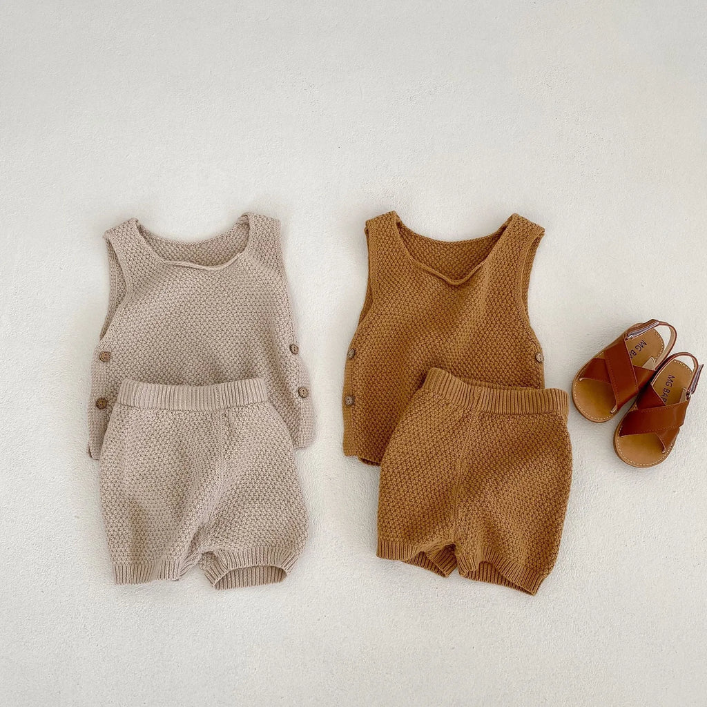 Baby cotton two-piece set with short-sleeved vest top and shorts in lead ancient grey or leaves yellow, sizes 66cm to 100cm