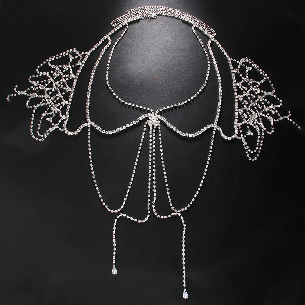 Multi-layer tassel shoulder chain rhinestone men's body chain in gold or silver alloy geometry shape