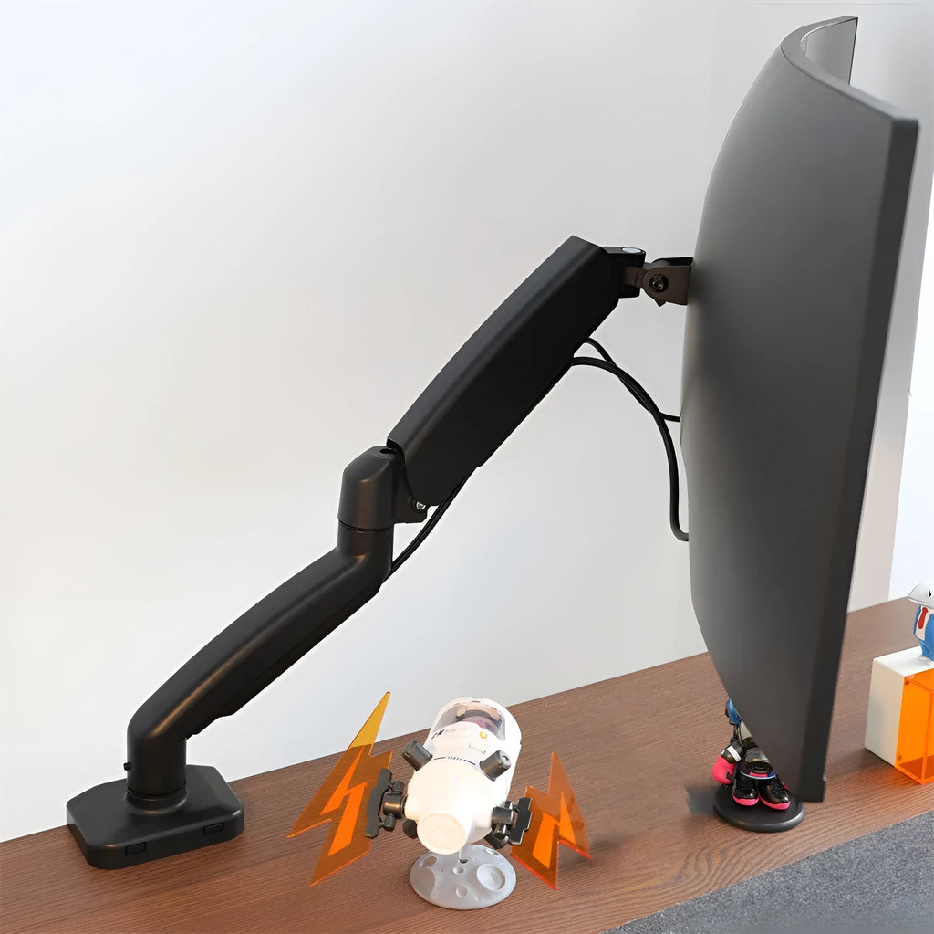 Black rotating telescopic LCD screen bracket showing height adjustment and rotation features