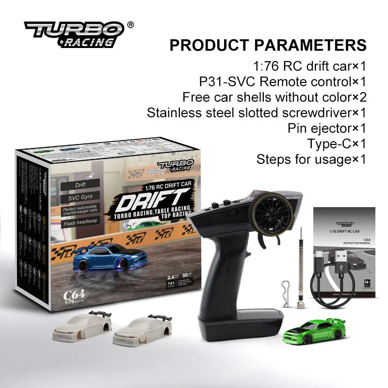 Turbo Racing C64 1:76 scale RC drift car with blue body and P21-SVC remote control transmitter