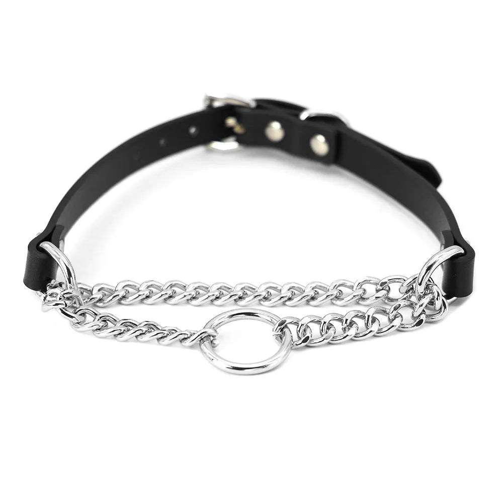Black leather collar and hand grip rope leash punk accessory set
