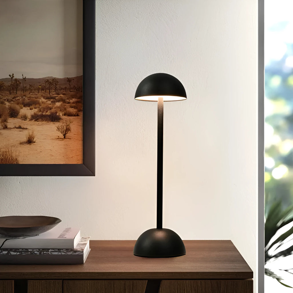 Creative high foot metal mushroom table lamp in white with Type-C power cable on a bedside table