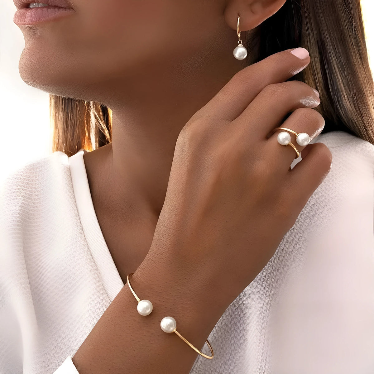 New pearl open earrings bracelet ring jewellery set for women in alloy with imitation pearl accents