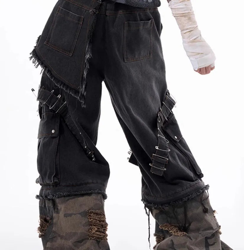 Men's grey camouflage pattern splicing jeans with pin detailing and ribbon accents on cotton denim