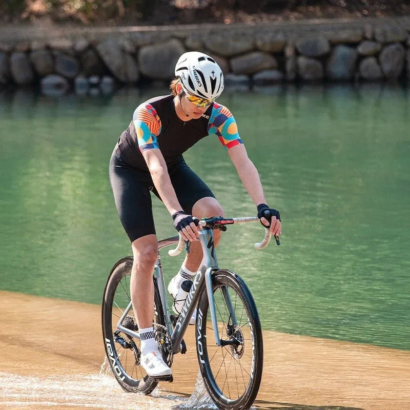 Men's cycling suit in geometric green, quick-dry fabric, size S to XXXL