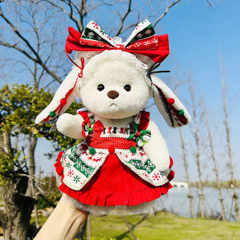 30cm Momo bear plush doll wearing a red plaid dress Christmas costume set with cloak