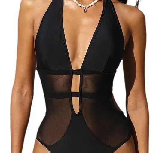 Black women's one-piece swimsuit with V-neck, mesh detailing and adjustable straps