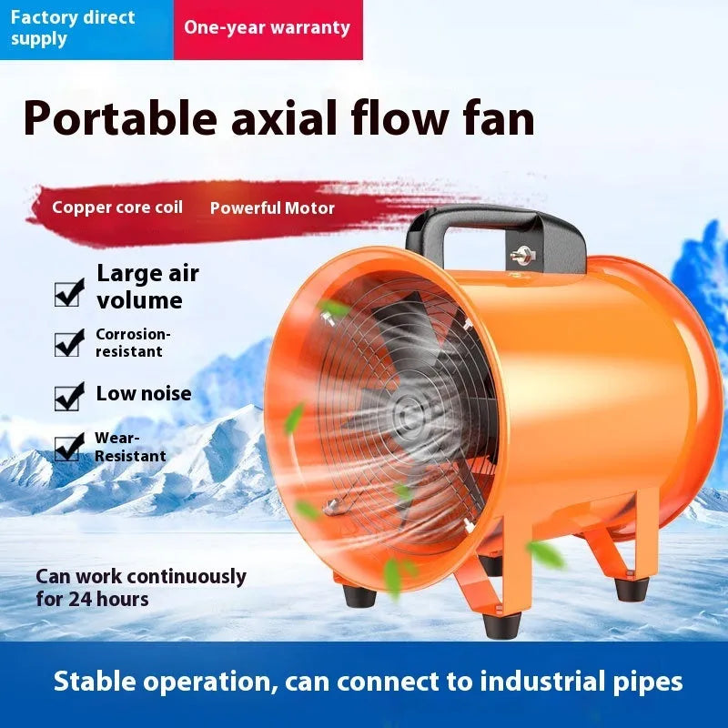 8-inch titanium steel axial flow fan with seven blades and a 5-metre flexible air duct for industrial ventilation.