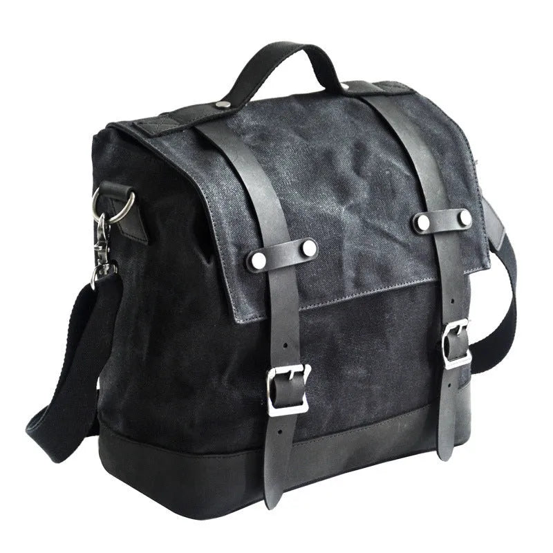 Thick waterproof canvas motorcycle side bag with large capacity in black, khaki, or cement grey
