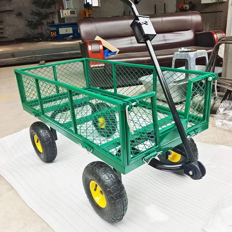 Green four-wheel hand push net car with iron frame and rubber terrain wheels