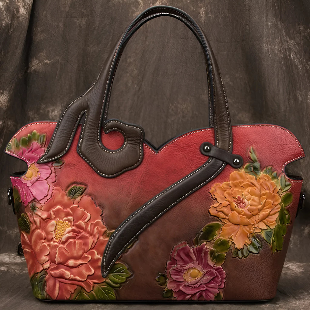 Women's handbag made from first layer cowhide leather with flower pattern, zipper closure, in green colour