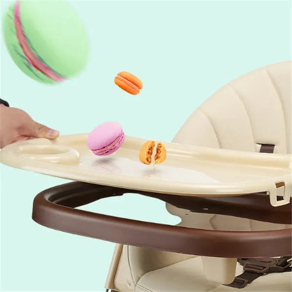 Baby chair for toddlers in blue, gold, green, or pink, made from eco-friendly plate with a stable, non-wheeled base.