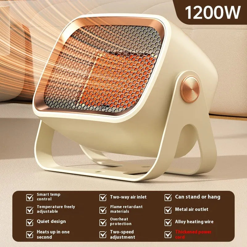 Compact desktop ceramic heater in white with push-button controls and rotatable air vents