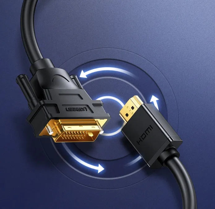 HDMI converter adapter cable on a green background, showing connector detail and available length options