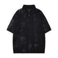 Black loose-fit short-sleeved polo shirt with a cardigan style and hollow knit fabric on a hanger.