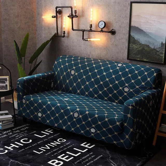 Elastic three-seat sofa cover in polyester blend fabric, stretched over a sofa, available in multiple colours A-J