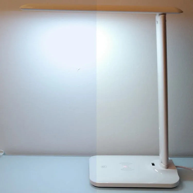 White eye protection desk lamp with Qi wireless charging base, 28 LED beads, touch dimmer, USB charging