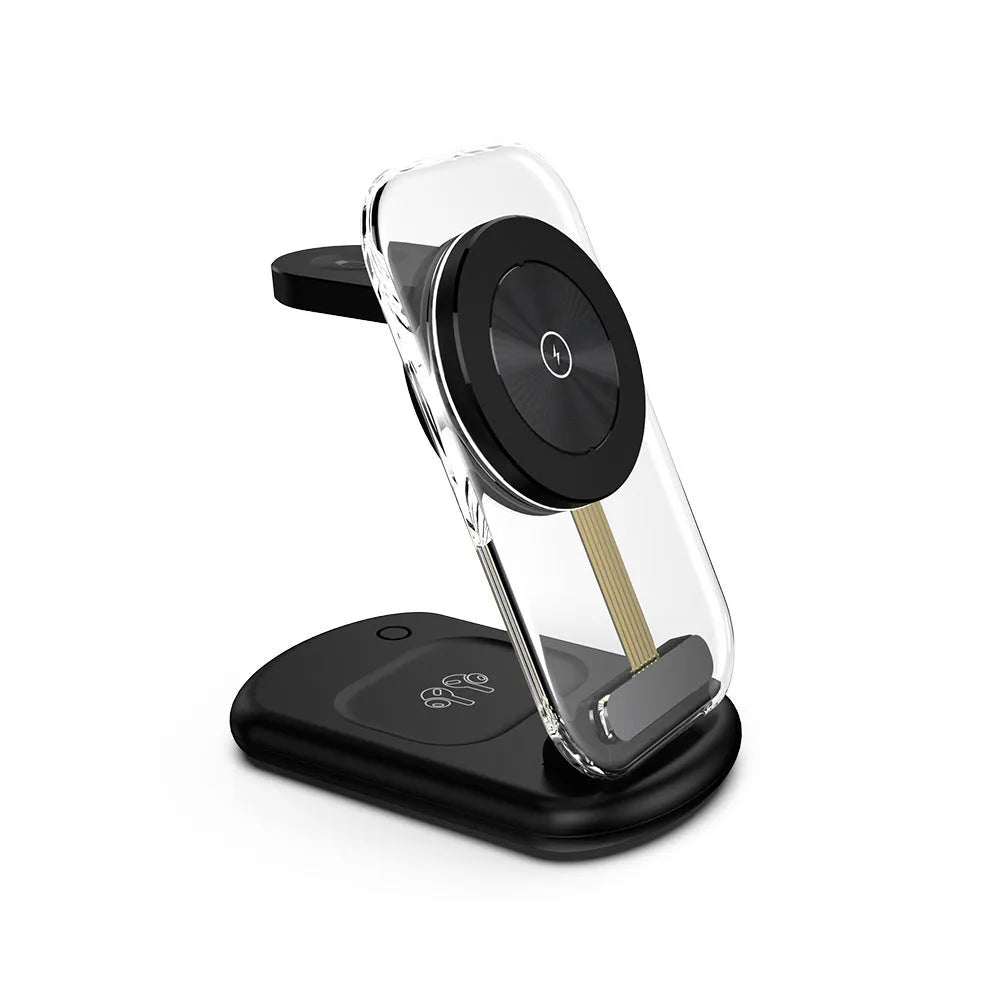 Transparent folding magnetic wireless charger in black, shown open on a desk.
