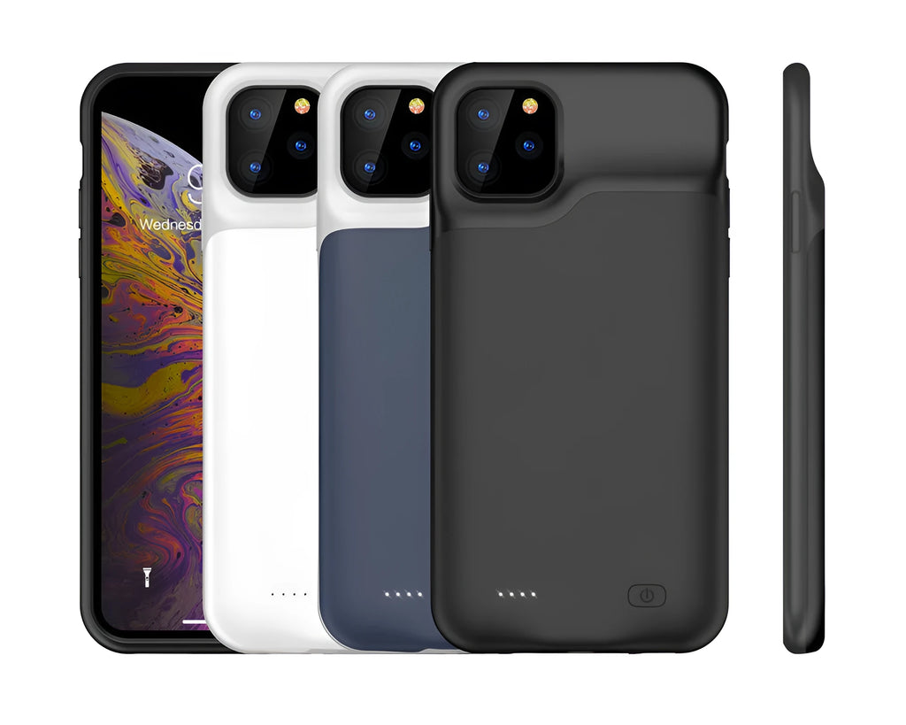 Shockproof silicone iPhone battery charger case in black, blue, pink, or white colours