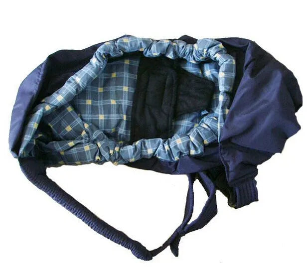 Newborn baby carrier sling with cross-arm one-shoulder strap in blue plaid fabric.