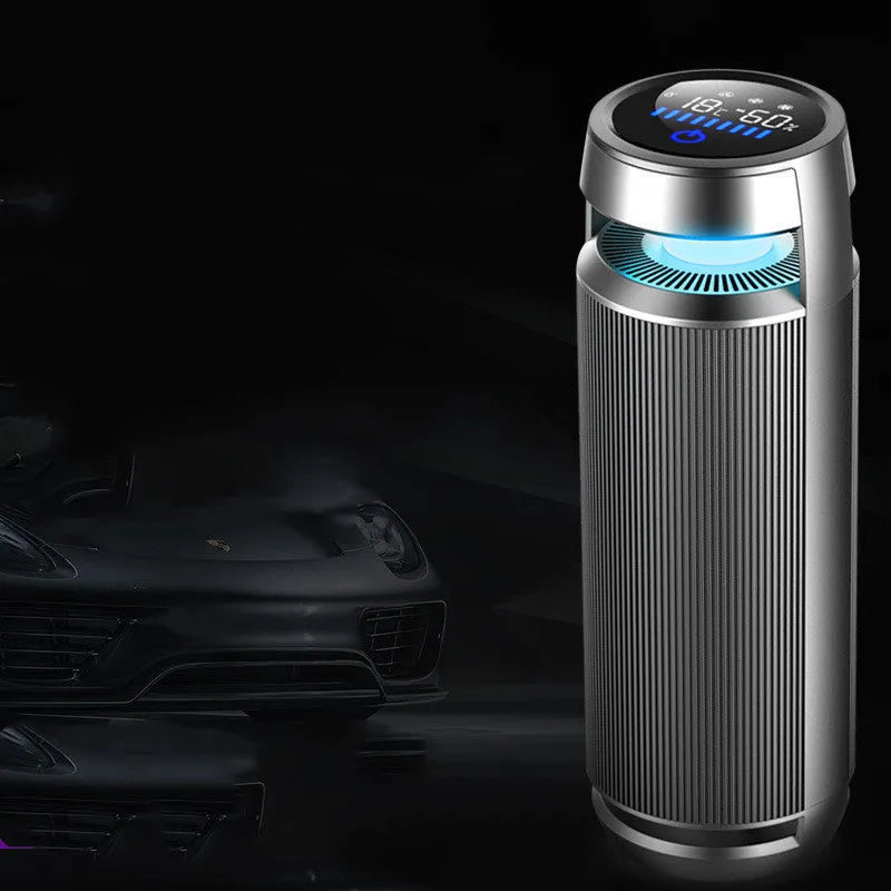 Aluminium alloy negative ion car air purifier with touch switch on a car dashboard