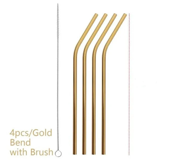 Set of four colourful reusable stainless steel straws in straight and bent styles with a cleaning brush.