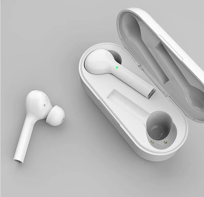 Black and white touch control wireless earbuds with a charging case on a white background