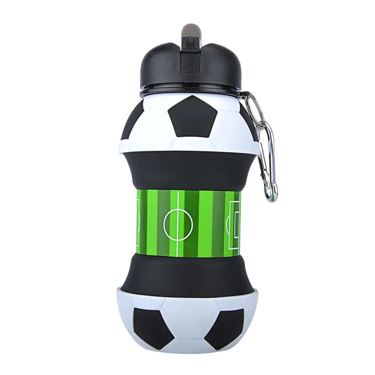White collapsible silicone soccer water bottle with straw and carrying clip on white background