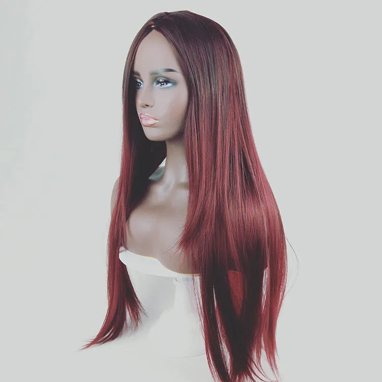 Long straight gradient fake hair wig with air bangs in Korean style made from high temperature silk