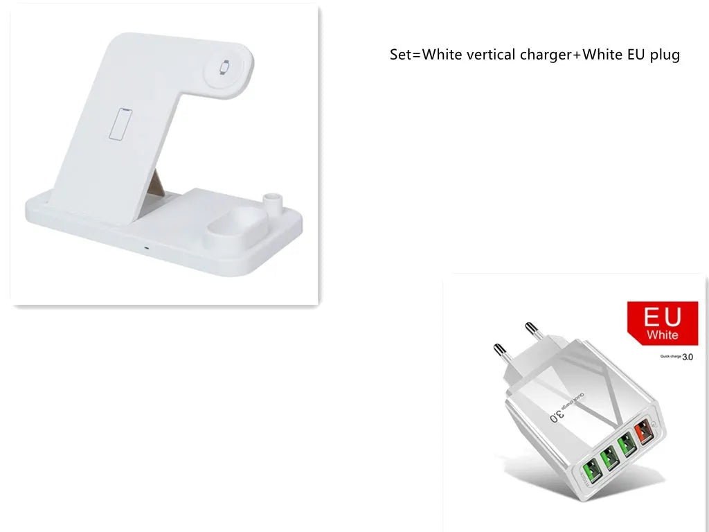 A white 4-in-1 wireless charging station with an adjustable metal stand, charging an iPhone and an Apple Watch.