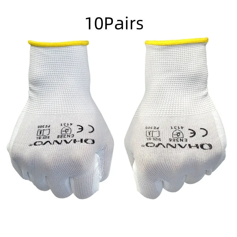 White PU coated work gloves showing palm coating and knit back construction