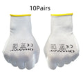 White PU coated work gloves showing palm coating and knit back construction
