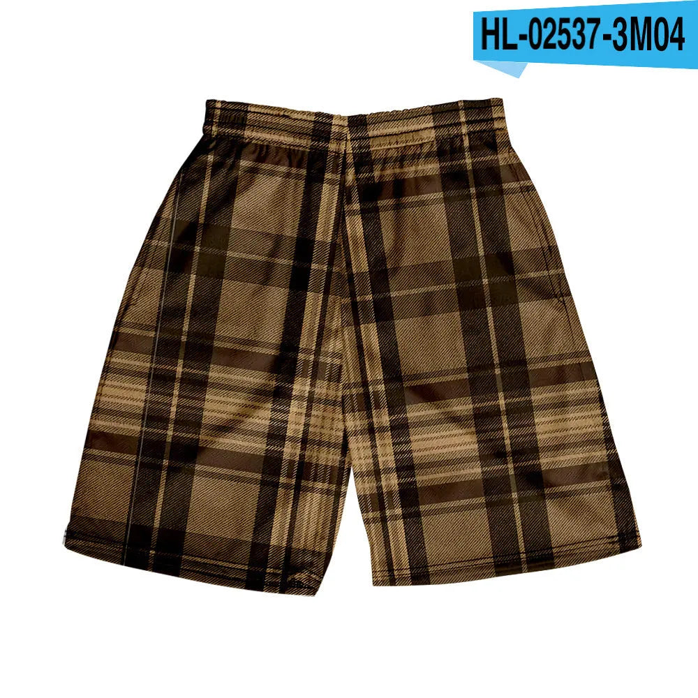 Men's plaid polyester shorts with elastic waistband in straight-leg casual style