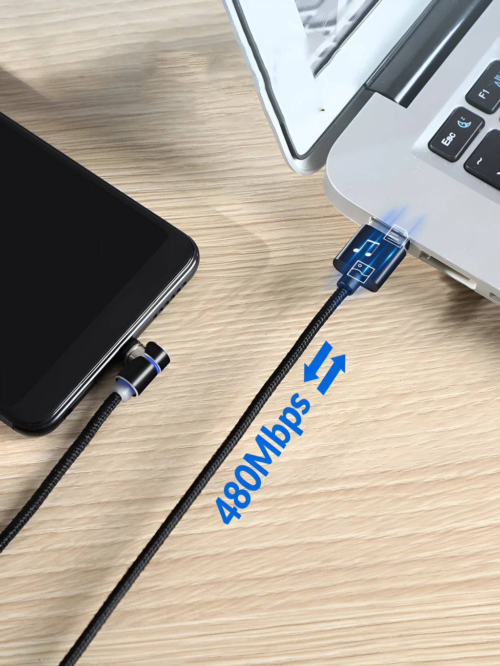 Magnetic LED charging cable with 90-degree rotating connector, aluminium alloy housing, 1 metre, black