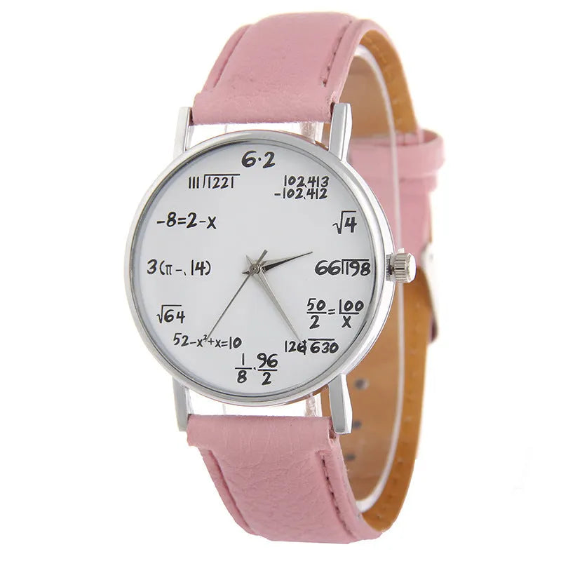 Equation round analogue watch with white dial, black plastic case, and black PU strap on a flat surface