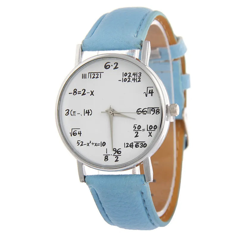 Equation round analogue watch with white dial, black plastic case, and black PU strap on a flat surface