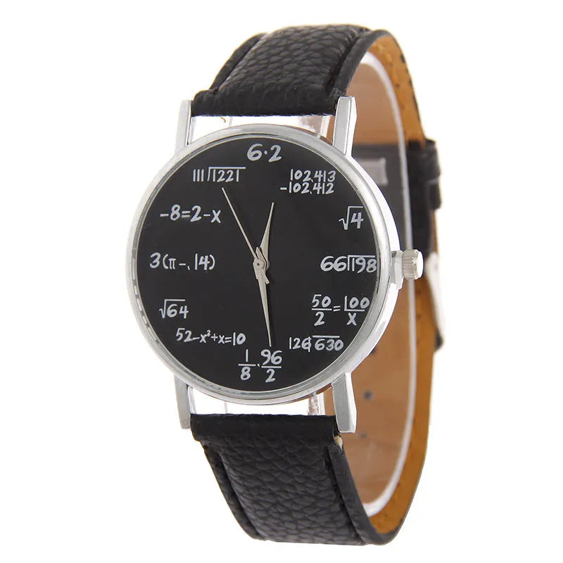 Equation round analogue watch with white dial, black plastic case, and black PU strap on a flat surface