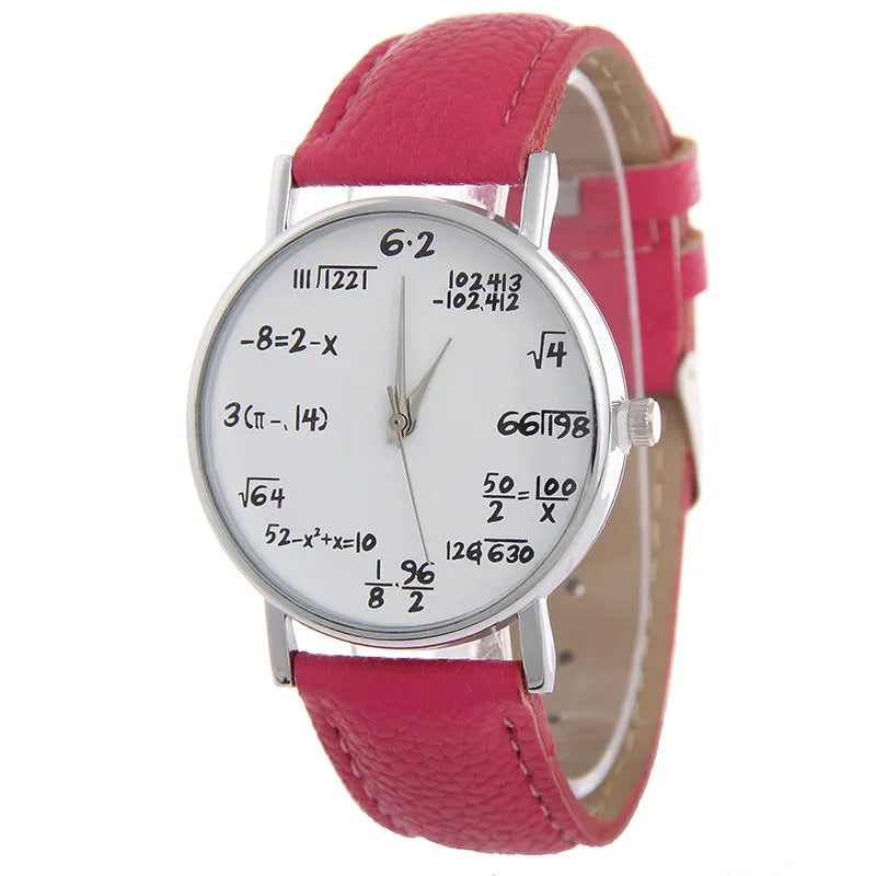 Equation round analogue watch with white dial, black plastic case, and black PU strap on a flat surface