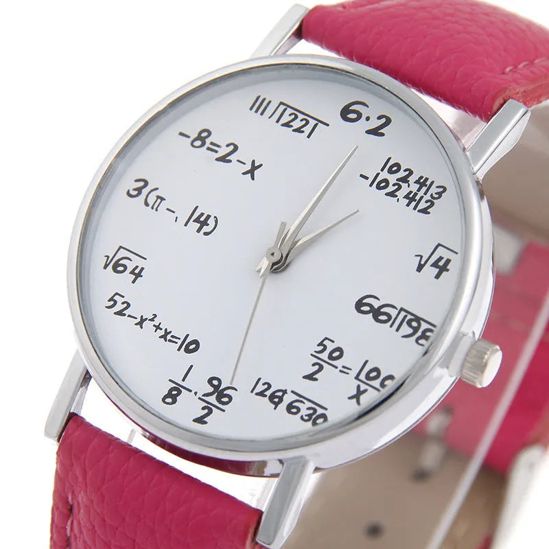 Equation round analogue watch with white dial, black plastic case, and black PU strap on a flat surface