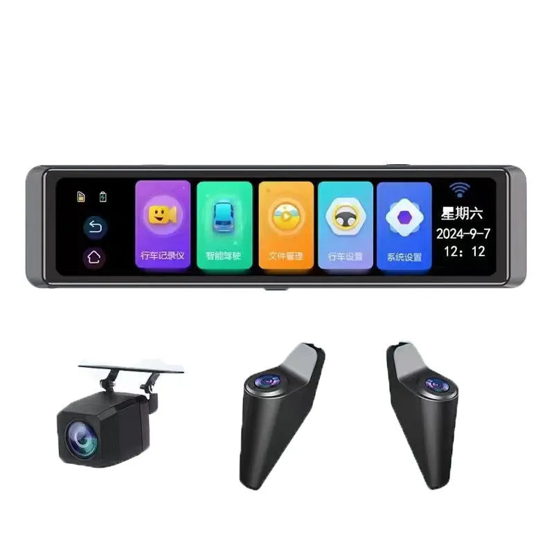 12-inch black 4K streaming rearview mirror with 360-degree blind zone warning and touch screen