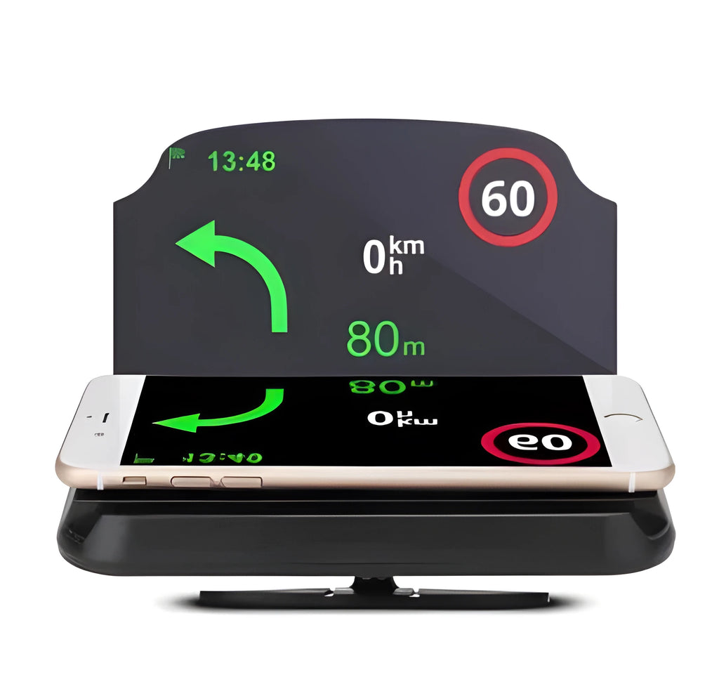Black mobile navigation bracket with hard tempered glass Head-Up display and suction cup magnet mount on car dashboard