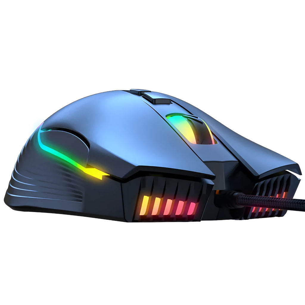 Black wired ergonomic gaming mouse with RGB lighting, seven buttons, four-way scroll wheel, and 1.5m USB cable on a dark surface